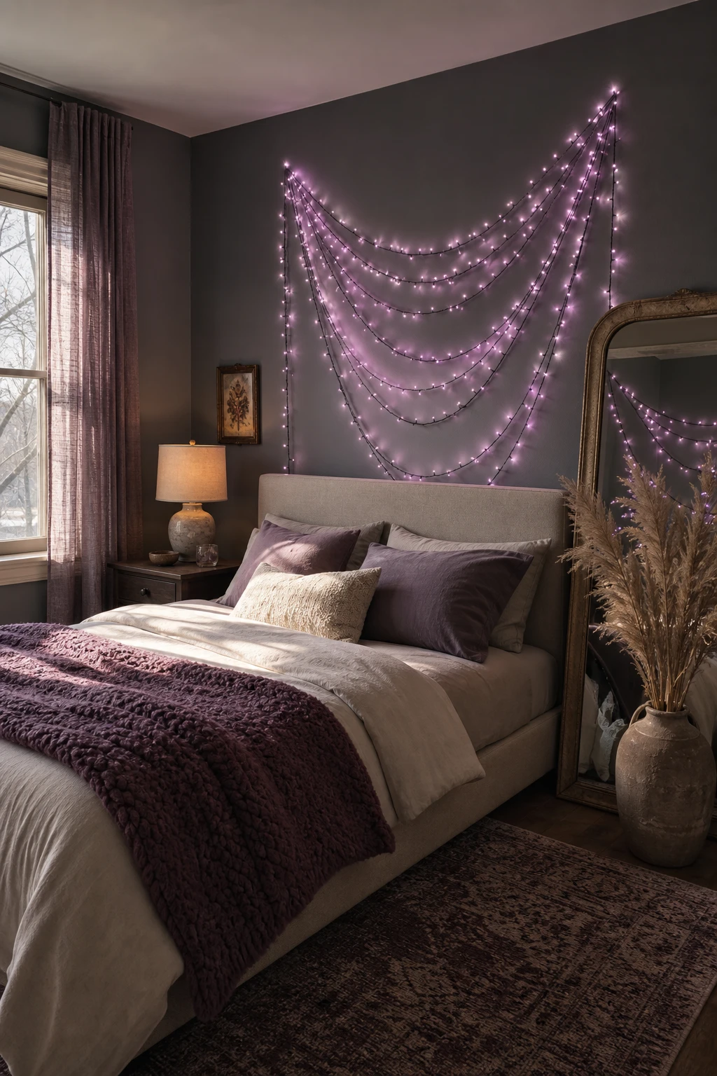 Purple and gray bedroom with fairy light glow draped over a linen headboard wall, casting warm violet pools across dark gray painted plaster and layered bedding