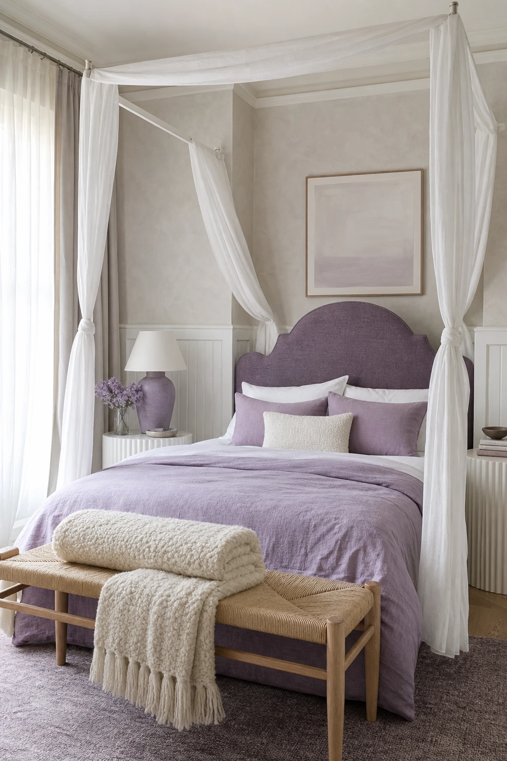 Purple and white bedroom with lavender linen bedding, white panelled walls in Strong White, sheer curtains, and natural oak flooring bathed in soft morning light
