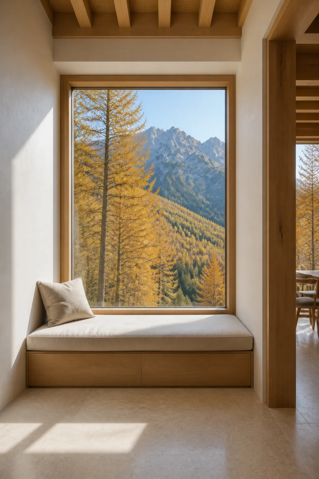 reading nook at the Slovenian Alpine House in the Julian Alps in an original fictional editorial architecture story about material, landscape, light and the calm sequence of rooms.