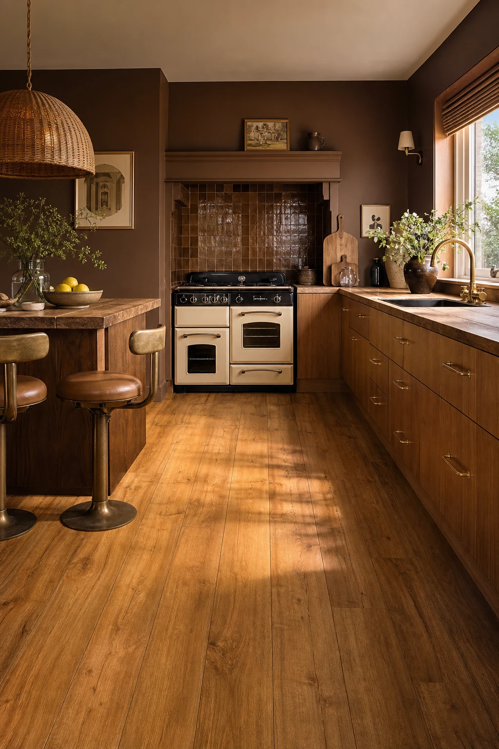 Retro 70s kitchen with bold laminate flooring in warm amber tones, oak cabinetry, pendant lighting and Farrow and Ball Wainscot painted walls