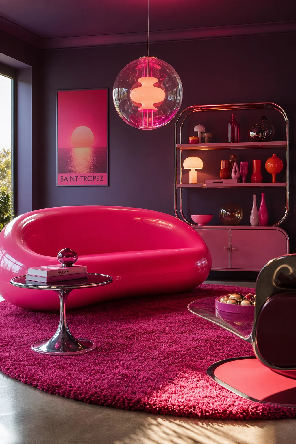 Retro futurist living room with hot pink interior design featuring curved pod furniture, chrome accents, neon lighting and Farrow & Ball Brassica walls