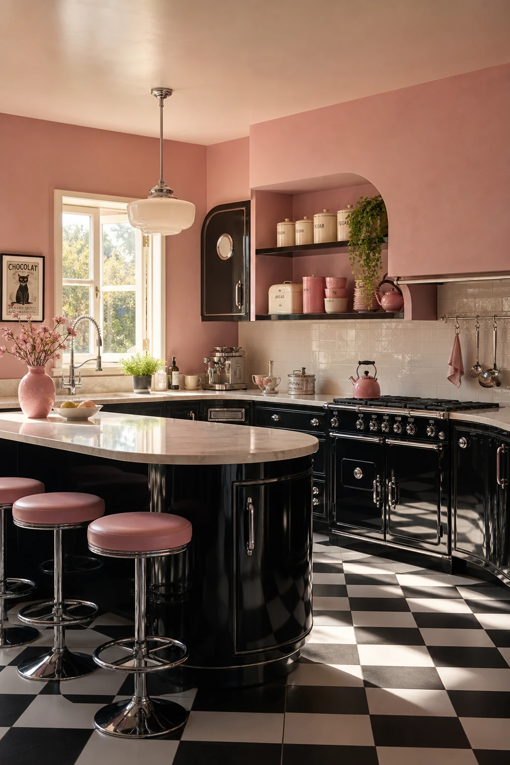 Retro pink and black kitchen with checkerboard floor, glossy black cabinetry, pastel pink walls, vintage chrome fixtures and curved breakfast bar seating