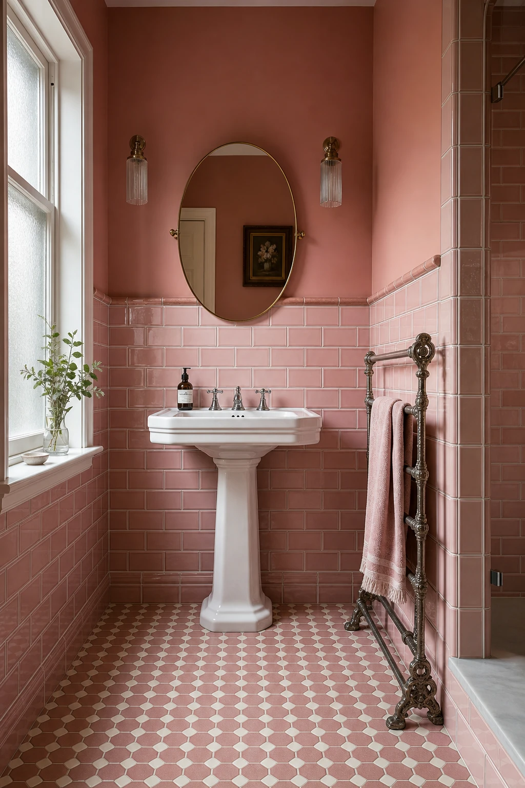 Retro pink tile bathroom with vintage hex floor tiles, chrome fixtures, pedestal sink, and Farrow and Ball Dead Salmon painted walls in a hot pink interior design