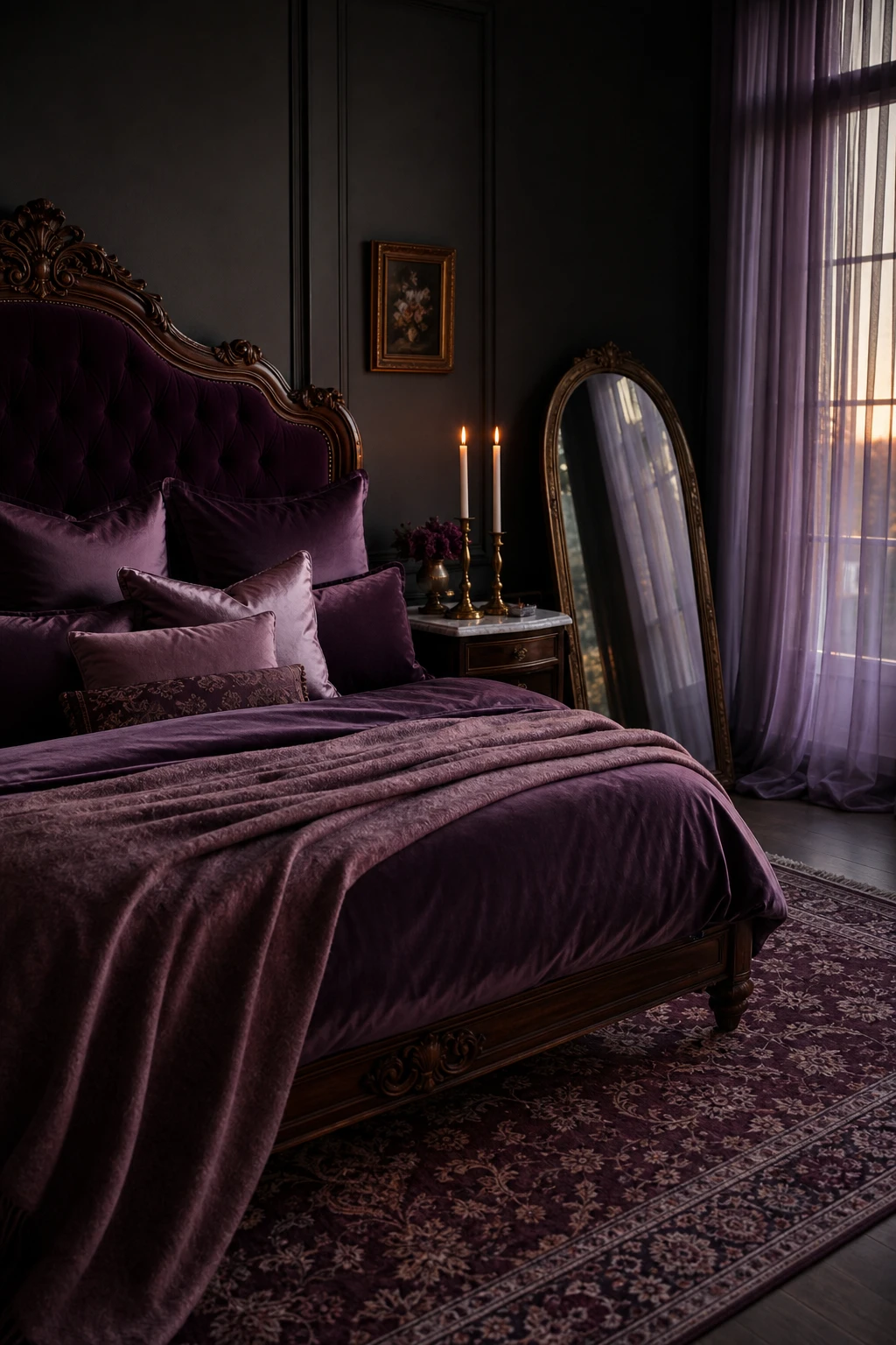 Romantic purple and gray bedroom with Farrow and Ball Smelt Black accent wall, layered textiles, candlelight glow, and ornate carved headboard