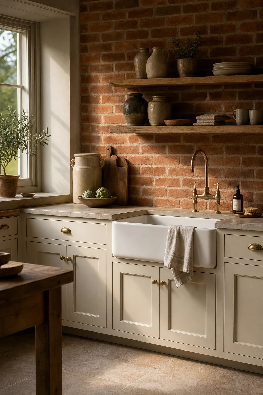 Rustic beige kitchen with brick backsplash, cream cabinets, open wood shelves, iron hardware, and warm morning light over a farmhouse sink
