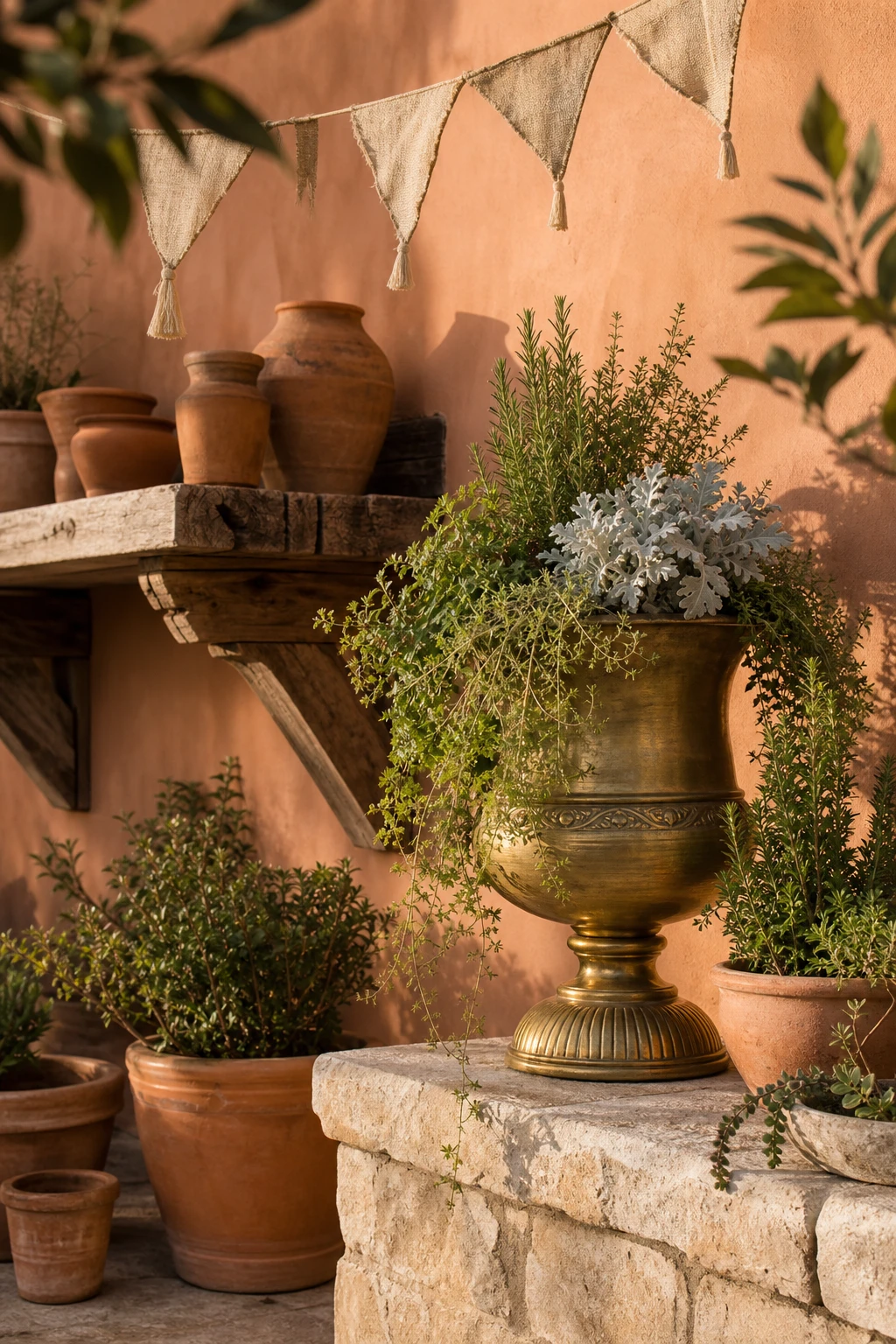 Rustic terracotta garden corner with antique brass planters as the hero, warm afternoon light, Farrow and Ball Faded Terracotta painted wall