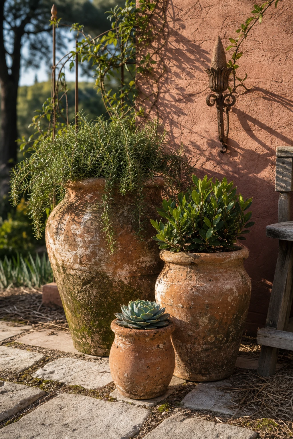 Rustic terracotta garden corner with vintage aged pots in various sizes grouped on stone pavers, warm afternoon sun, Farrow and Ball Faded Terracotta painted wall behind