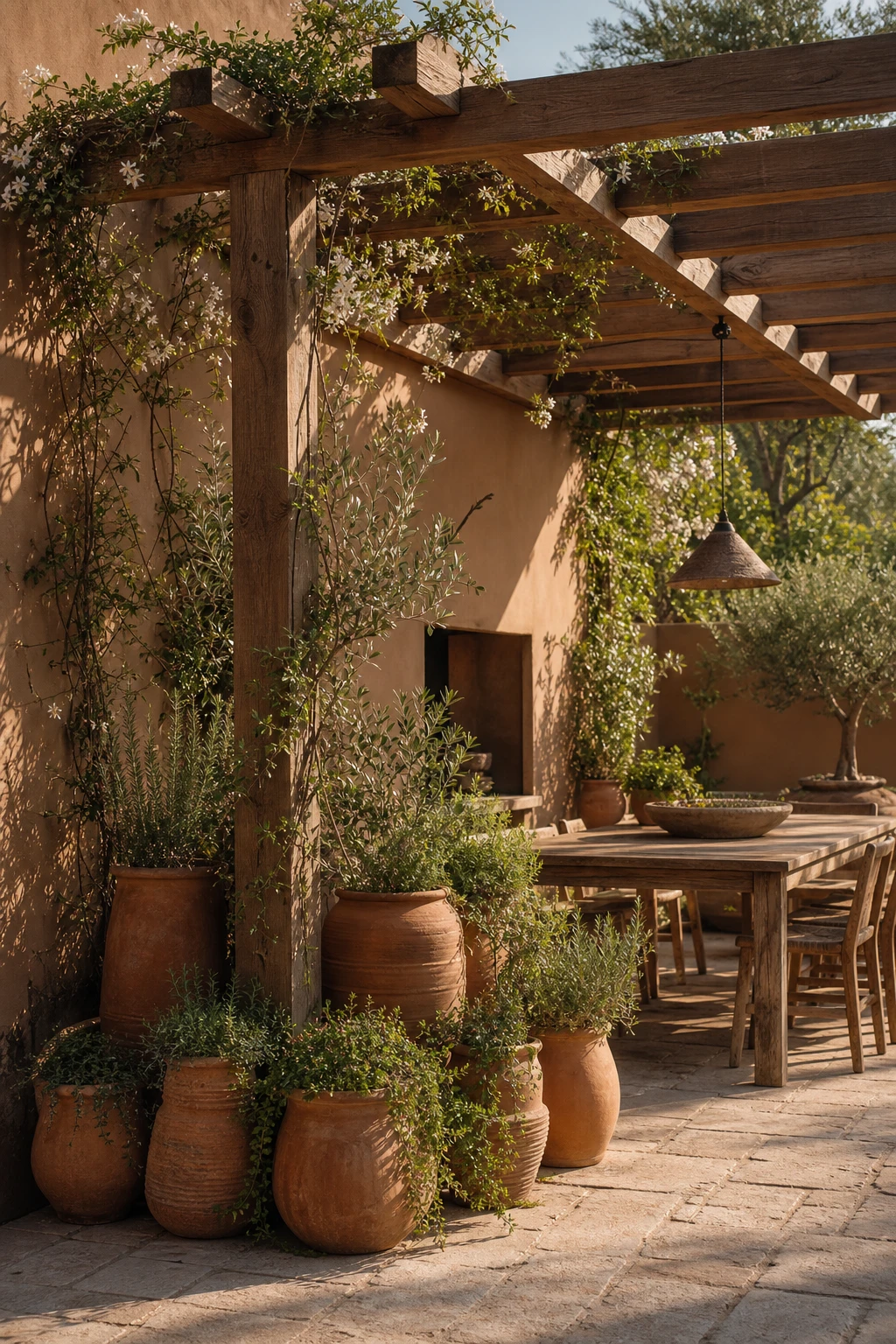 Rustic terracotta garden decor beneath a timber pergola frame with grouped terracotta pots, climbing vines, and warm afternoon light on a Farrow and Ball Cord painted wall