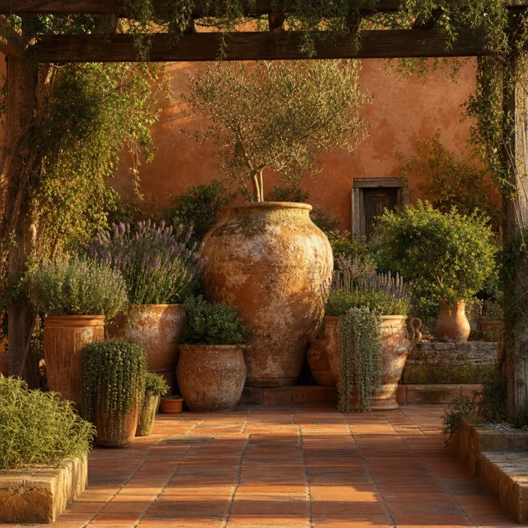 Rustic terracotta garden courtyard with aged pots, an olive jar centrepiece, terracotta floor tiles, a timber pergola, and lavender in warm late afternoon side light.
