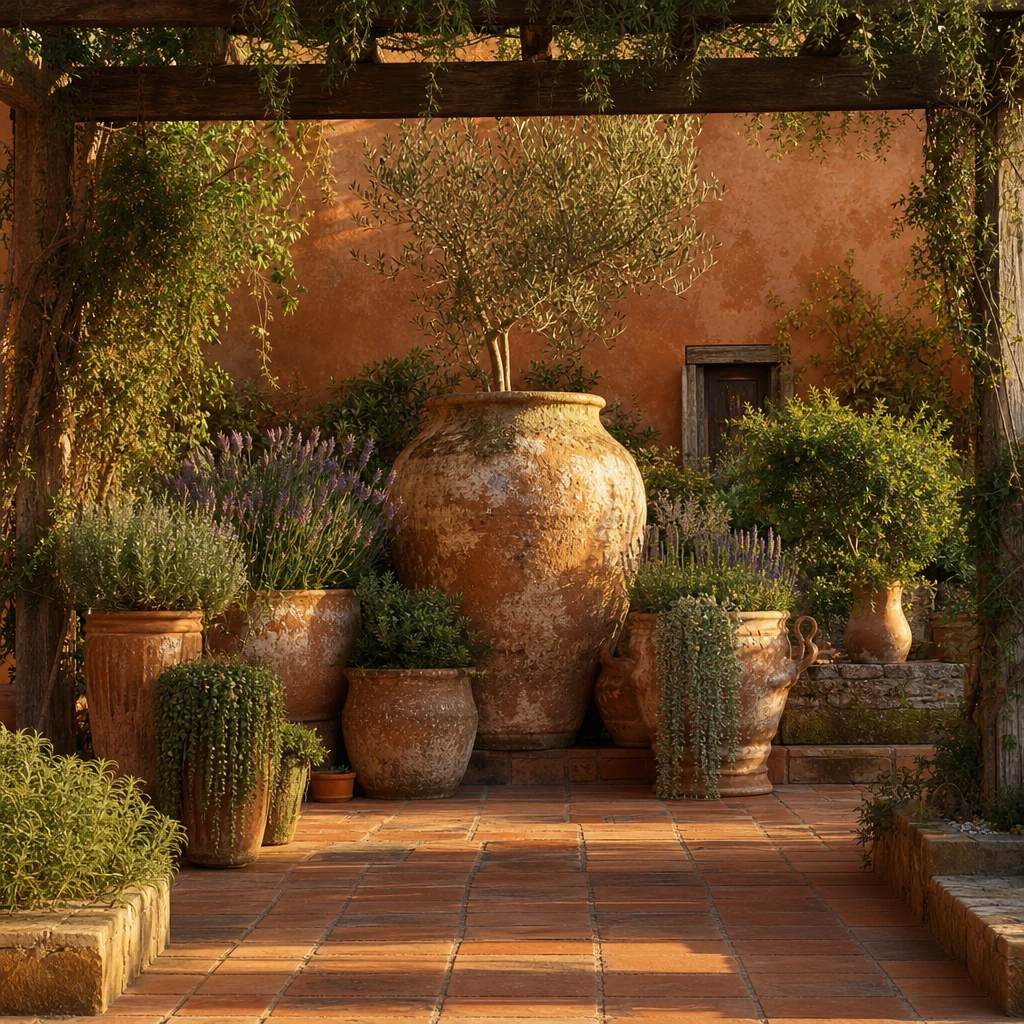 Rustic terracotta garden courtyard with aged pots, an olive jar centrepiece, terracotta floor tiles, a timber pergola, and lavender in warm late afternoon side light.