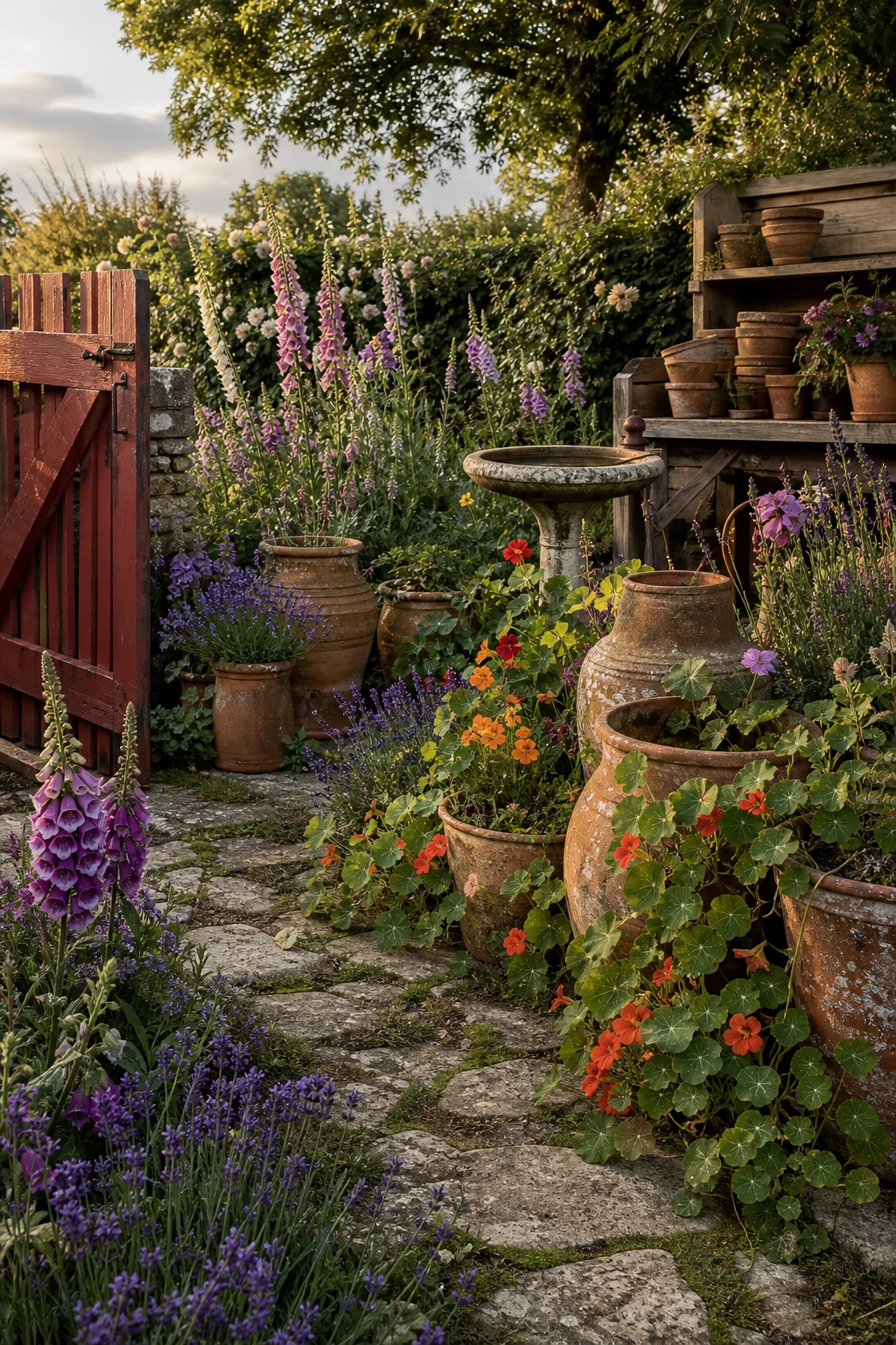 Rustic terracotta garden decor in a lush cottage garden style with clustered aged pots, trailing blooms, and Farrow and Ball Fox Red painted gate