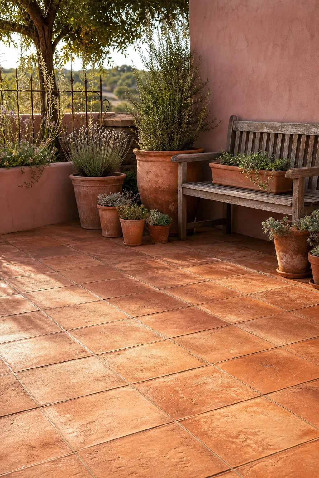 Rustic terracotta garden decor patio with warm terracotta tile floor as the hero, clay pots, trailing plants, timber bench, and Folly Pink painted wall