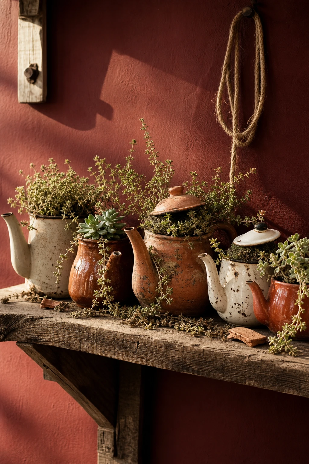 Rustic terracotta garden decor shelf with a row of old teapots used as planters, trailing herbs and succulents, warm earthy tones on a Book Room Red painted wall