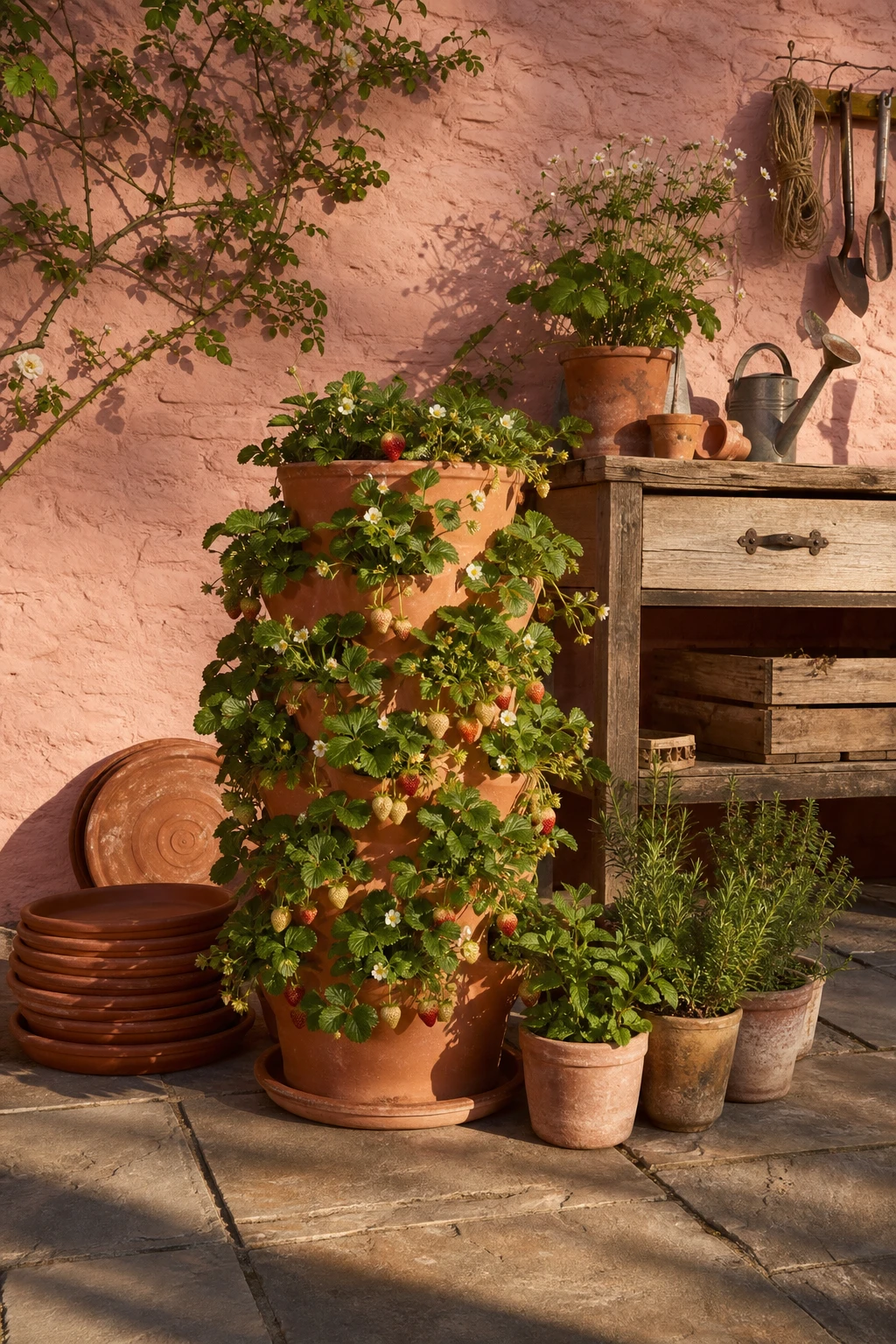 Rustic terracotta garden decor styled around a tall strawberry tower pot with trailing green foliage, warm afternoon sunlight, earthy clay and stone materials
