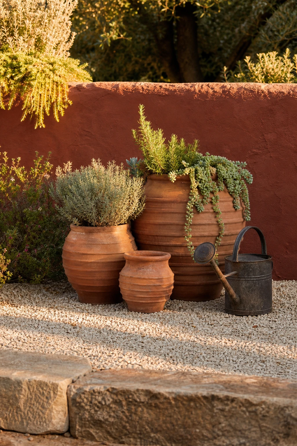 Rustic terracotta garden decor with gravel ground and clustered terracotta pots in varying sizes, styled with Farrow and Ball Red Earth painted wall backdrop