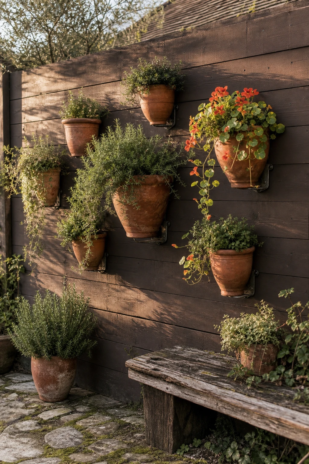 Rustic terracotta garden wall with clustered wall hung pots in varying sizes, lush trailing plants, warm afternoon light on aged timber fence