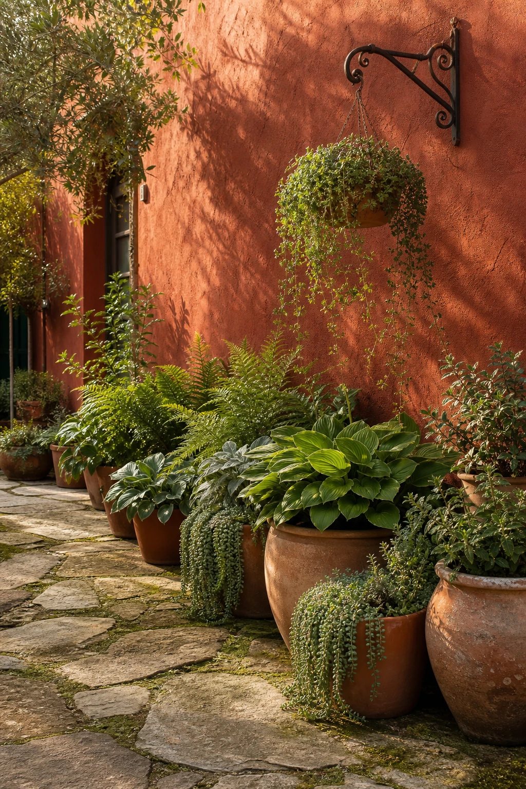Rustic terracotta garden with a warm rendered wall in Farrow and Ball Red Earth paint, lush green plants in handmade pots, dappled afternoon light