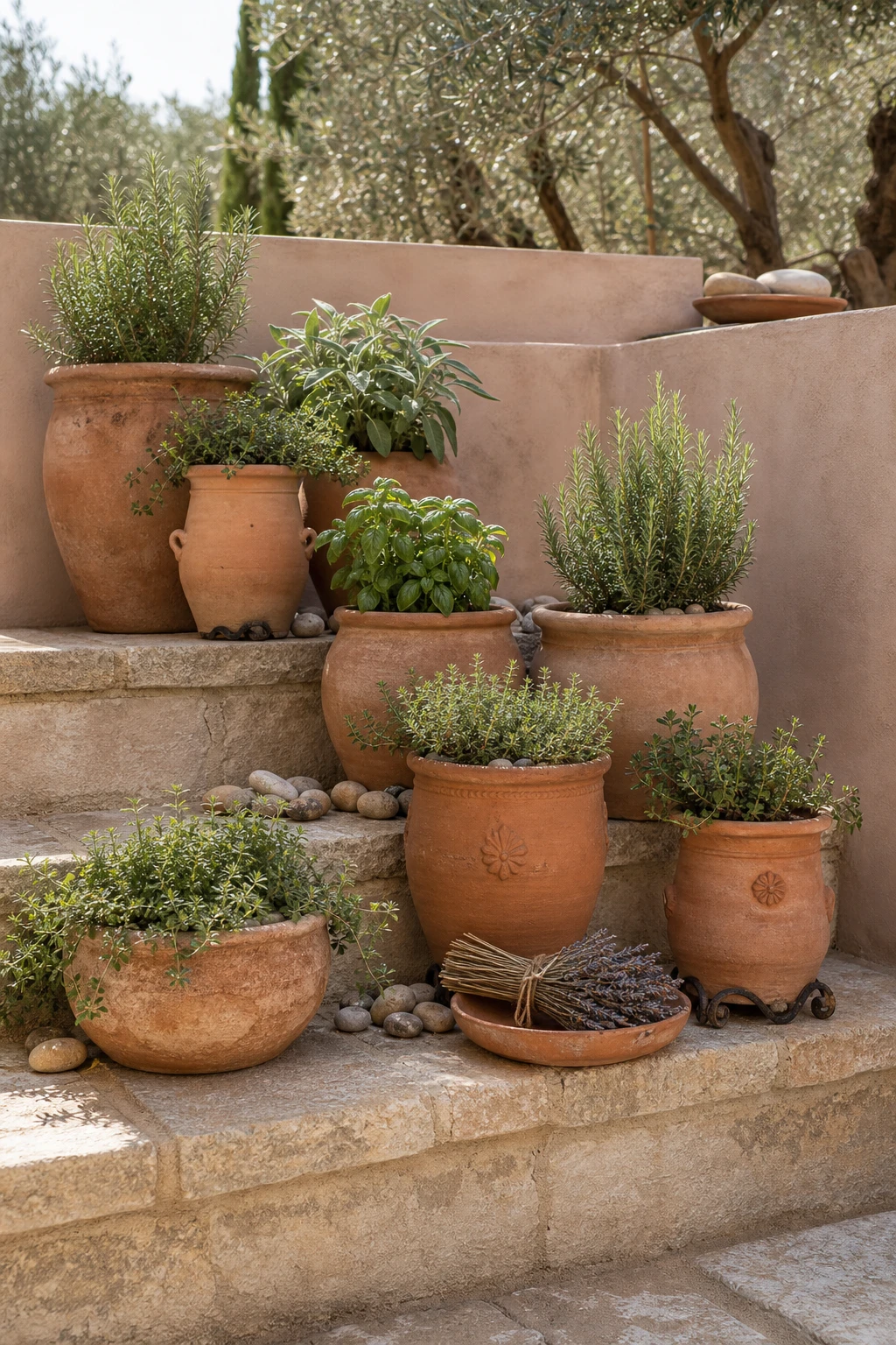 Rustic terracotta herb garden display arranged on sun warmed stone steps with clustered pots of fresh herbs, Farrow and Ball Duster painted riser accent