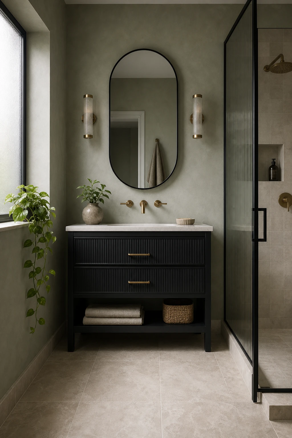 Sage green and black bathroom with matte black fixtures, soft green walls in Farrow and Ball Liquorice accents, natural light from a frosted window