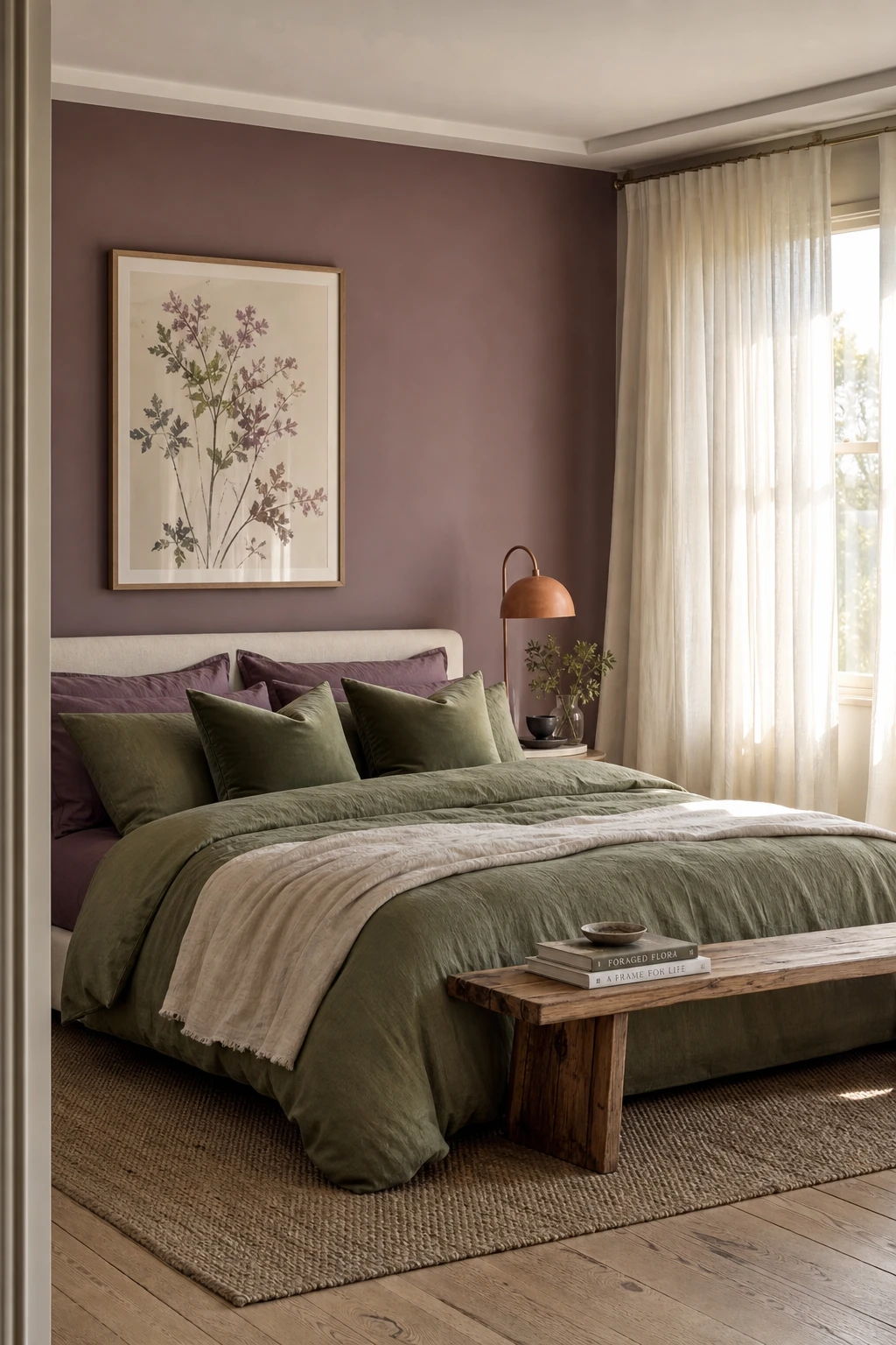 Sage green and purple bedroom with Farrow and Ball Calluna walls, linen bedding, velvet cushions, and natural light from sheer curtains at golden hour