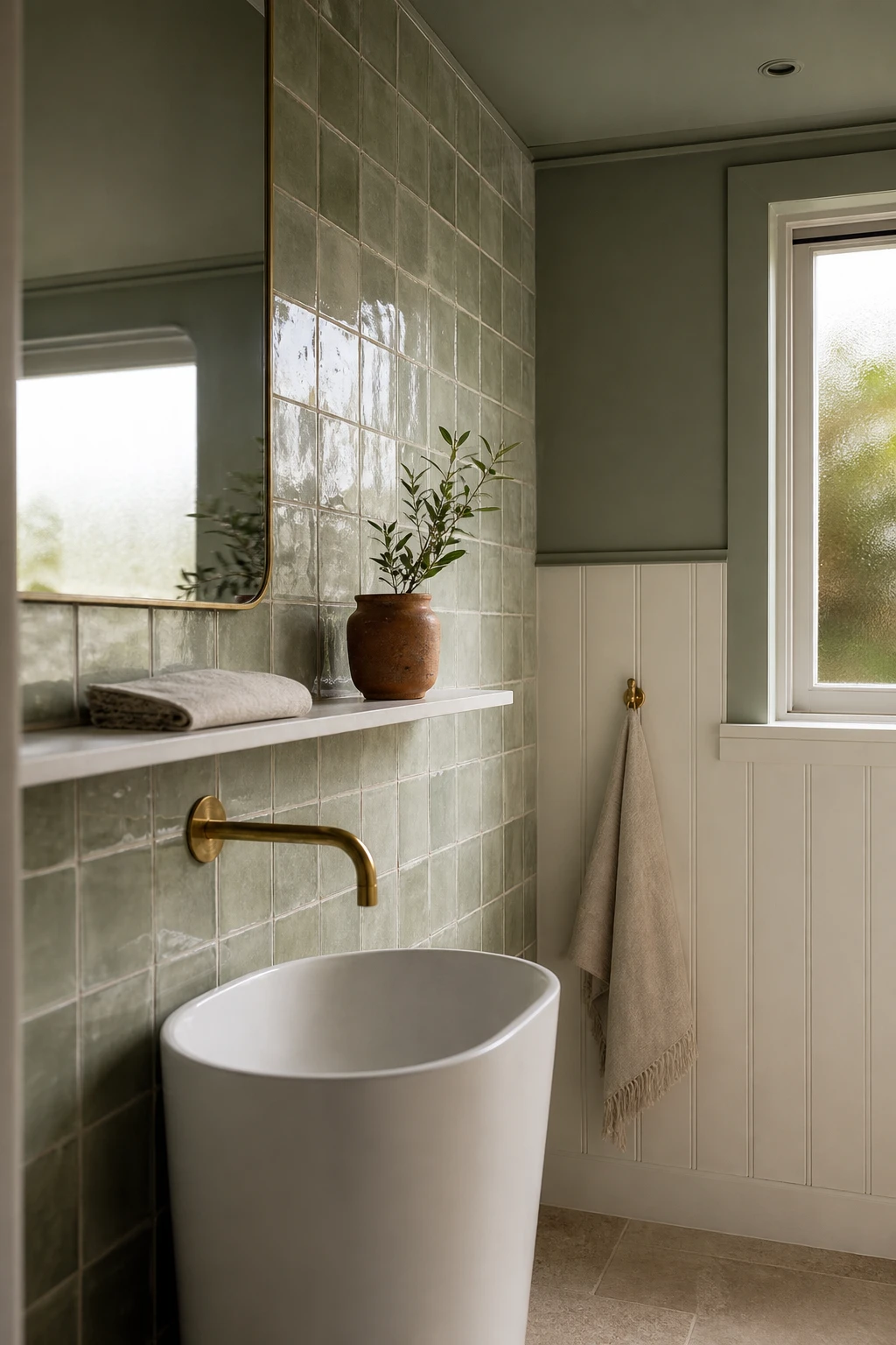 Sage green and white bathroom with glazed green ceramic tiles as hero feature, white fixtures, natural light from frosted window, magazine quality interior photography