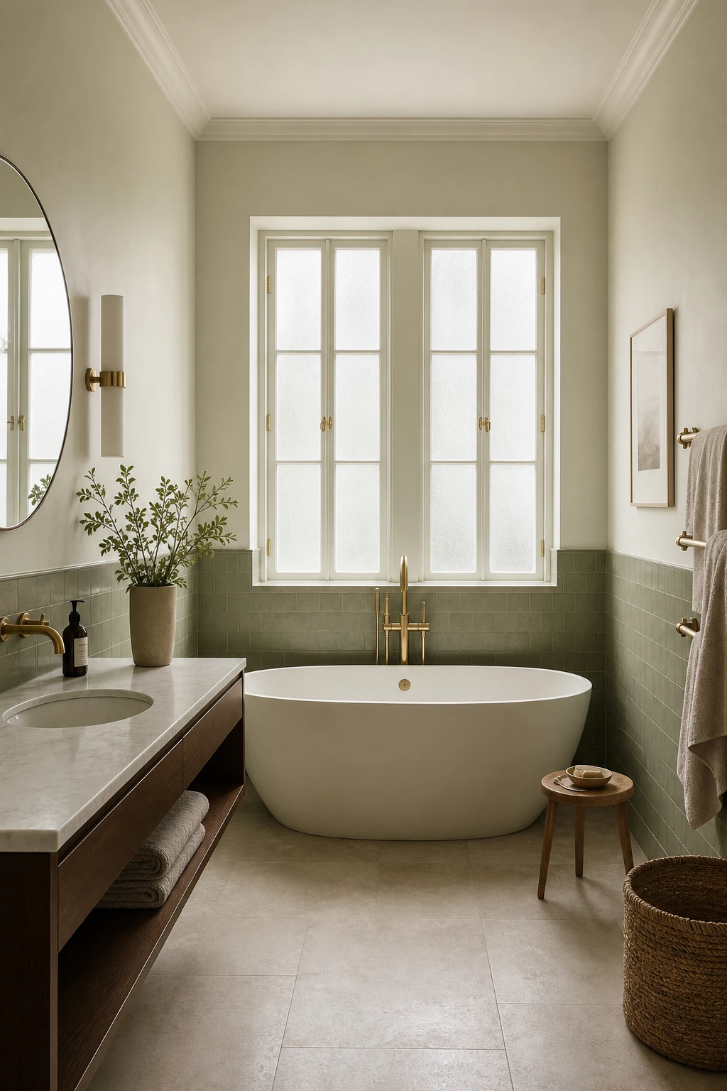 Sage green and white bathroom with painted walls, freestanding tub, marble floor, frosted window and warm morning light creating a spa like retreat