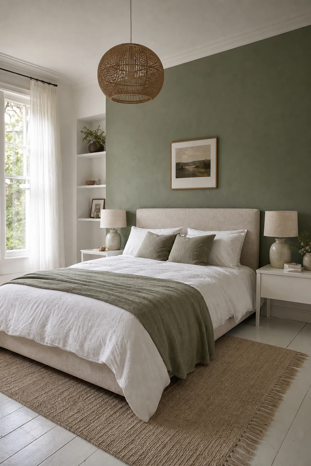 Sage green and white bedroom with a Farrow and Ball Dibber painted headboard feature wall, linen bedding, rattan pendant, and white painted floorboards