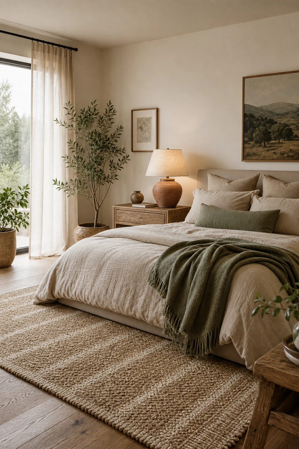 Sage green and white bedroom with beige warmth, earthy linen bedding, natural wood nightstand, woven rug, and Farrow and Ball Blanc De Treillage walls