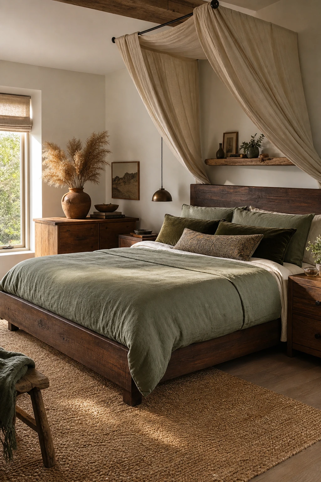Sage green and white bedroom with deep brown wooden furniture, earthy linen bedding, and Farrow & Ball Cabbage White walls bathed in warm morning light