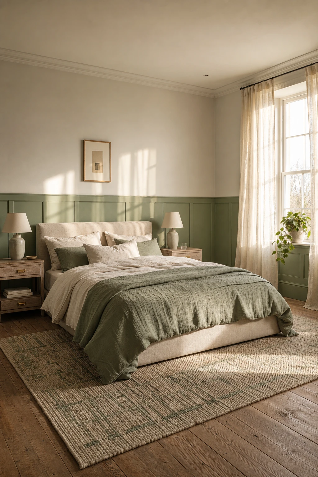 Sage green and white bedroom with linen bedding, soft curtains, painted walls, and warm natural light creating a calm restful atmosphere