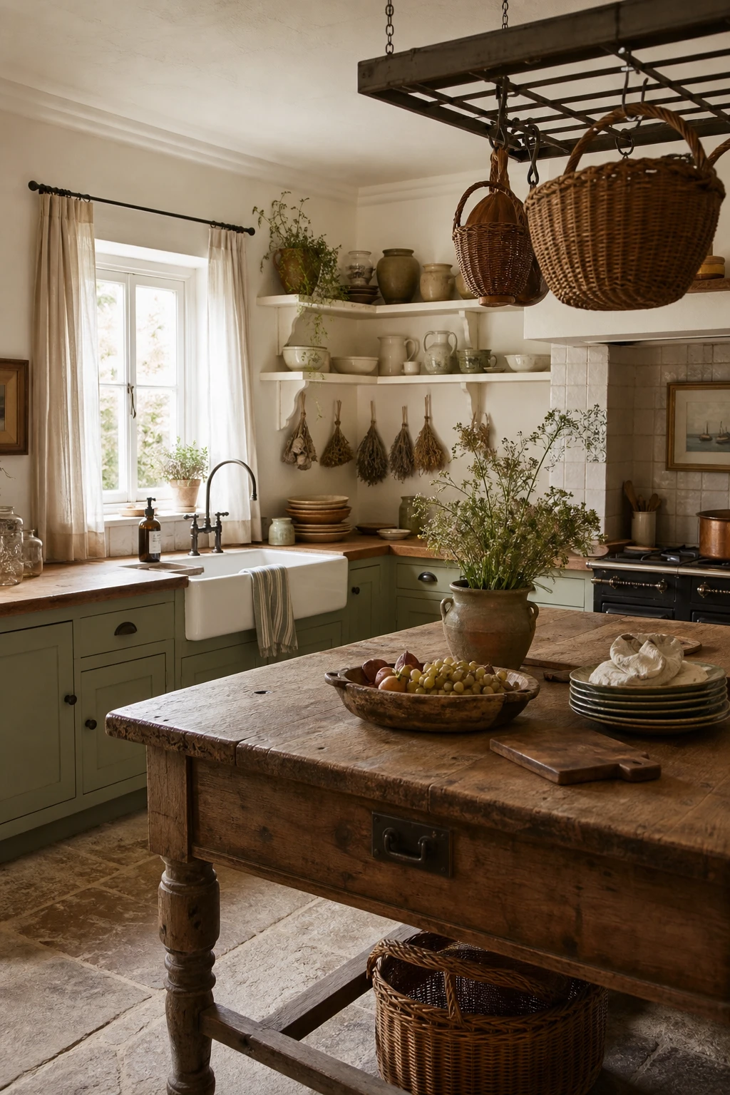 Sage green and white cottage kitchen with shaker cabinets, open shelving, farmhouse sink, and Farrow and Ball House White walls in soft natural morning light