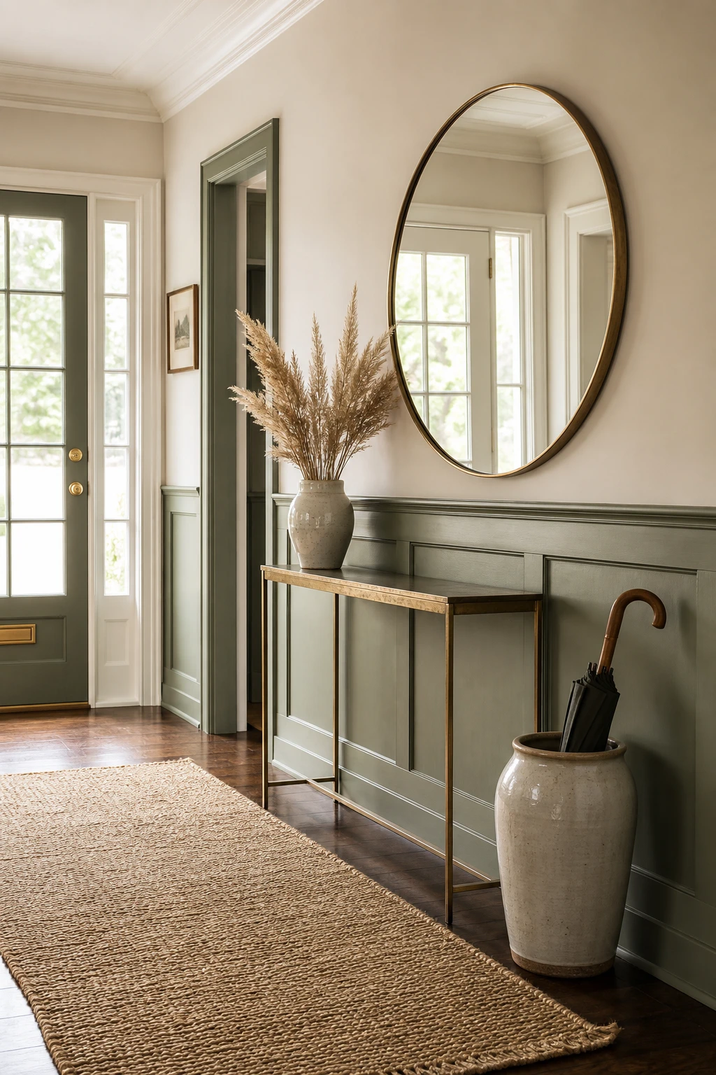 Sage green and white entryway with painted wainscoting, console table, round mirror, ceramic umbrella stand and natural light through a glazed front door
