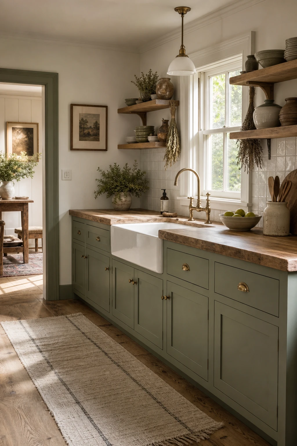 Sage green and white farmhouse kitchen with shaker cabinets, apron sink, open shelving, and warm morning light on Farrow and Ball Great White walls