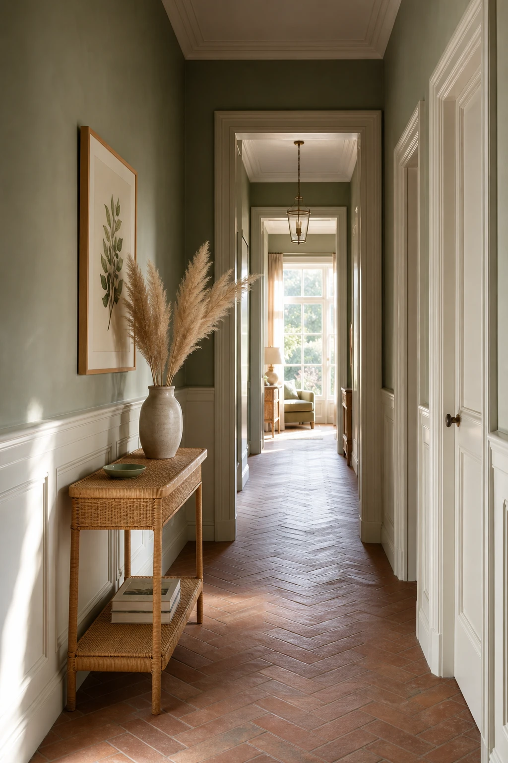 Sage green and white hallway with Old White trim, natural light, rattan console, botanical print and herringbone floor tiles