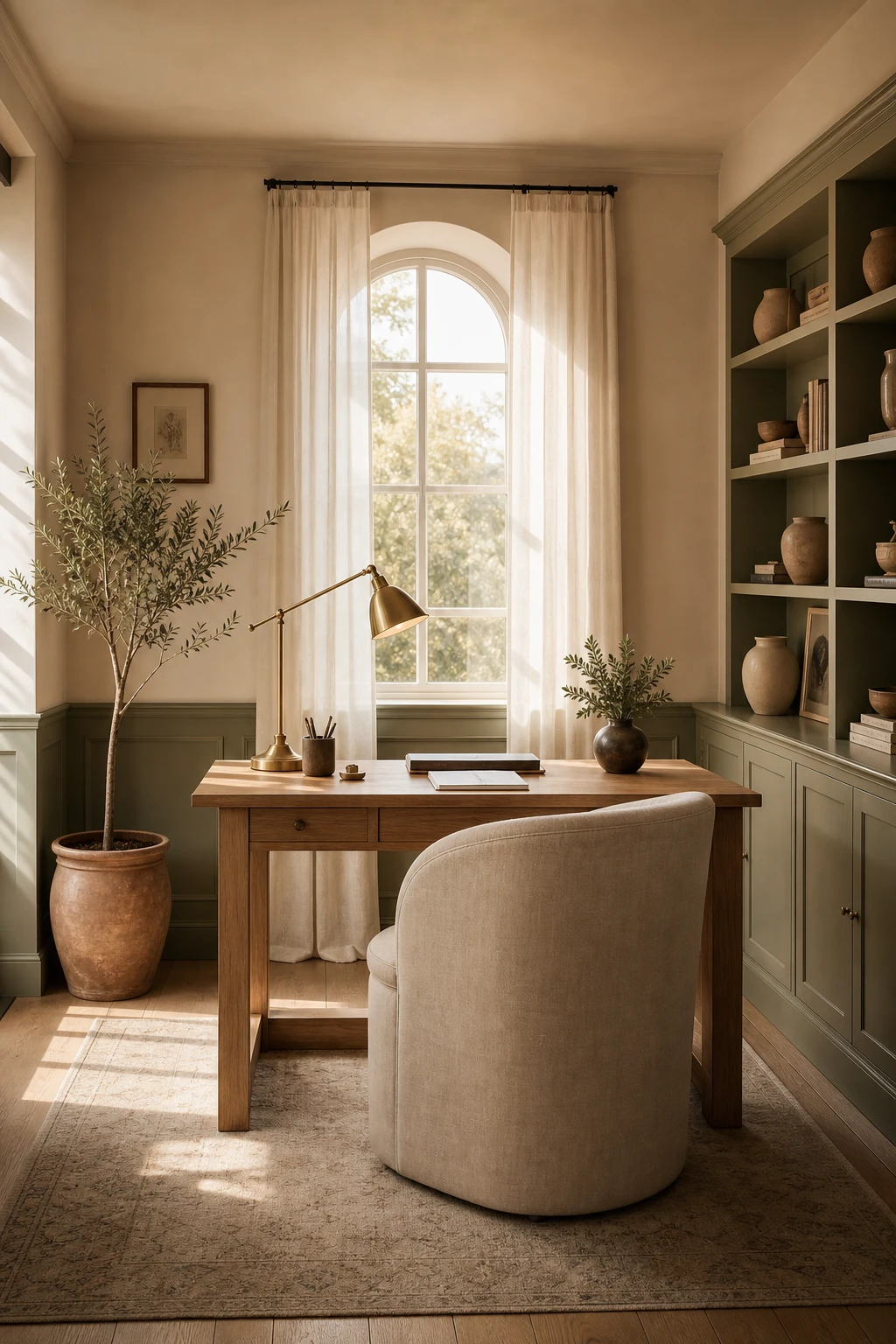 Sage green and white home office with a linen desk chair, wooden desk, open shelving and warm afternoon light streaming through a tall window