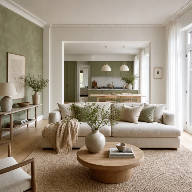 Sage green and white open plan interior with plaster accent wall, white oak floors, linen sofa, painted cabinetry, and sheer curtains in soft late morning light.
