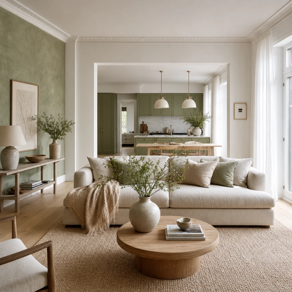 Sage green and white open plan interior with plaster accent wall, white oak floors, linen sofa, painted cabinetry, and sheer curtains in soft late morning light.