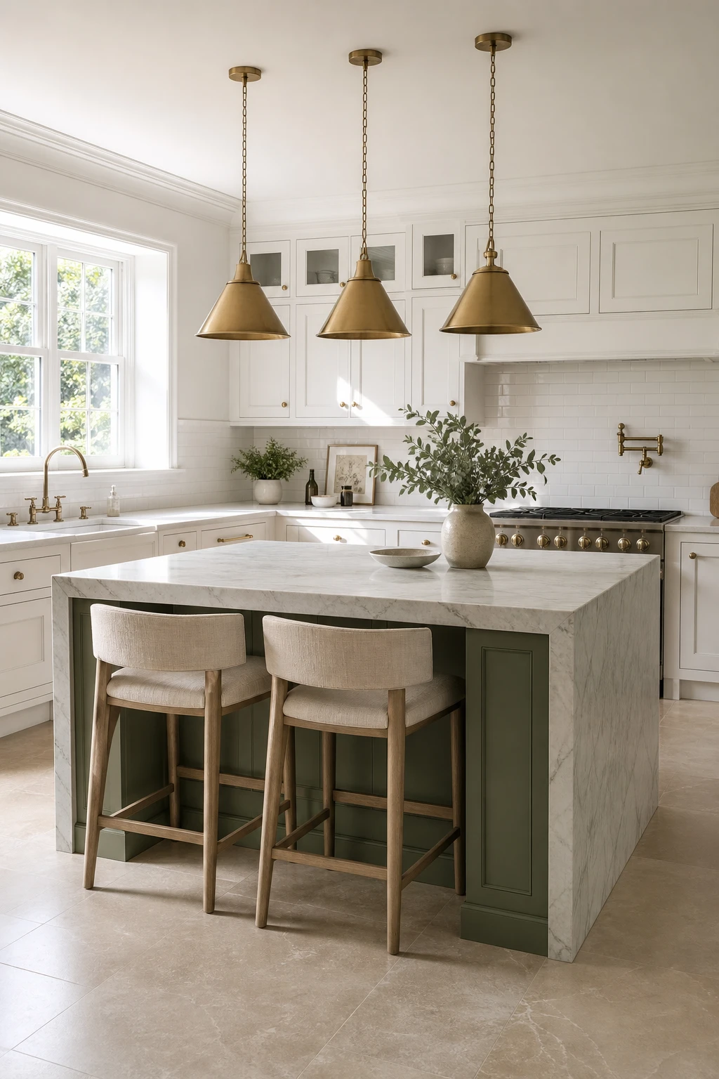 Sage green and white kitchen interior with a Calke Green painted island as the focal point, white perimeter cabinetry, marble countertops, and pendant lighting overhead