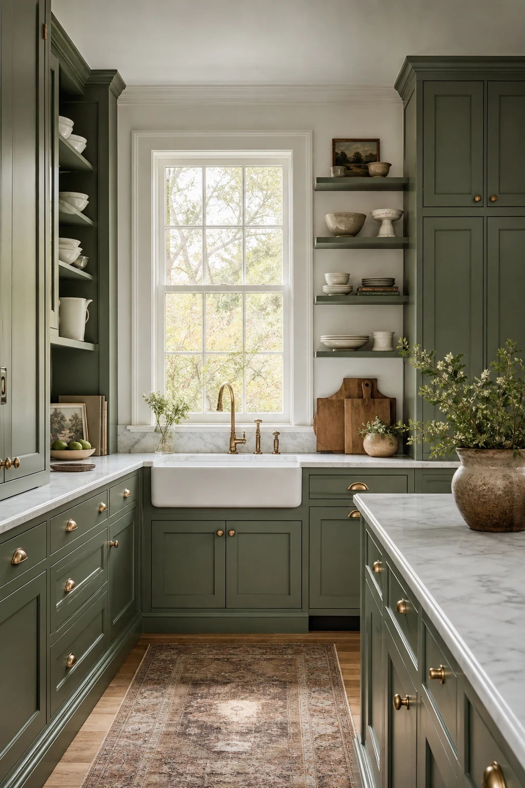 Sage green and white kitchen interior with Ball Green painted cabinets, white marble countertops, brass hardware, and natural light from a window above the sink
