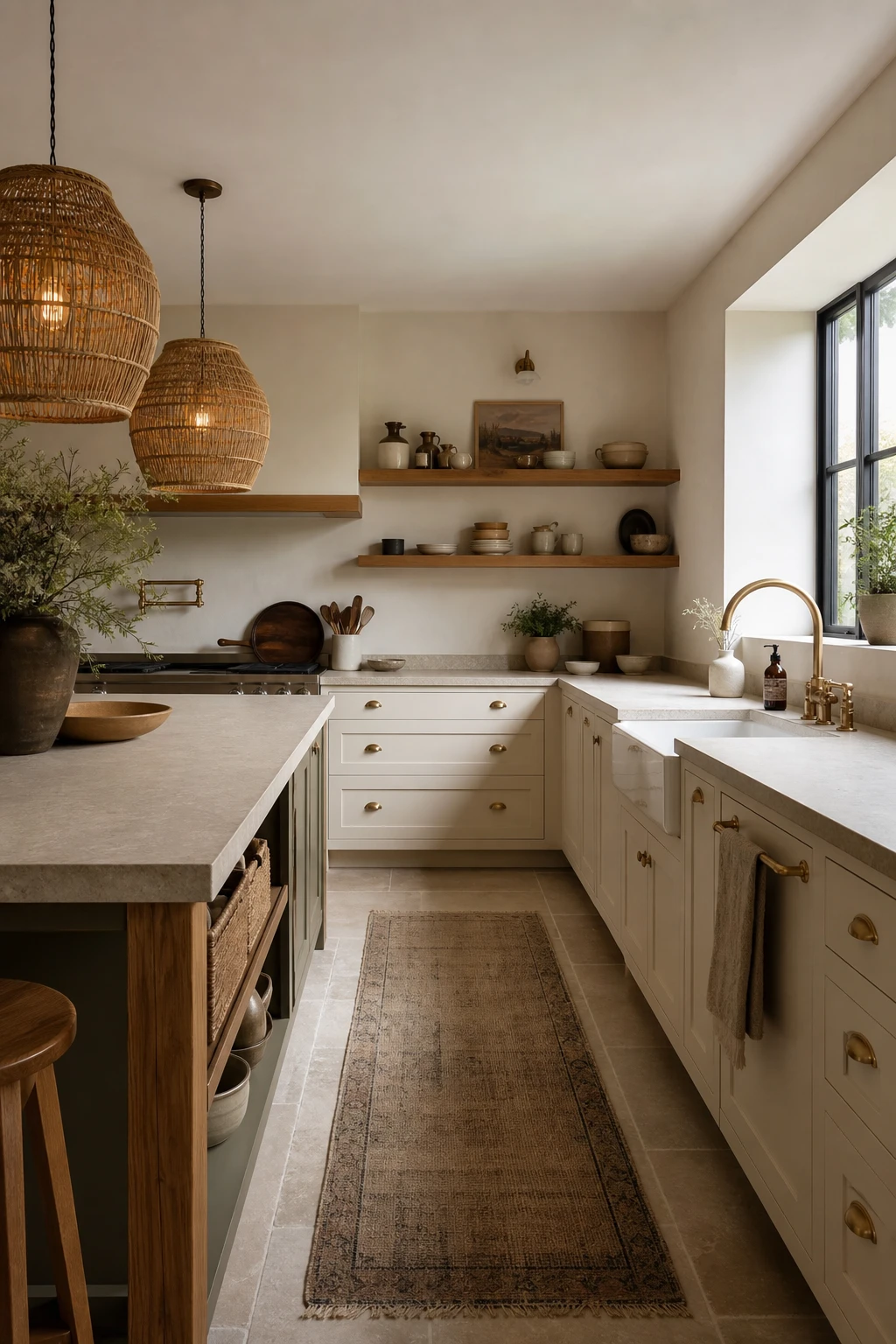 Sage green and white kitchen with warm wood open shelving, shaker cabinets, stone countertops and natural light from a window over the sink