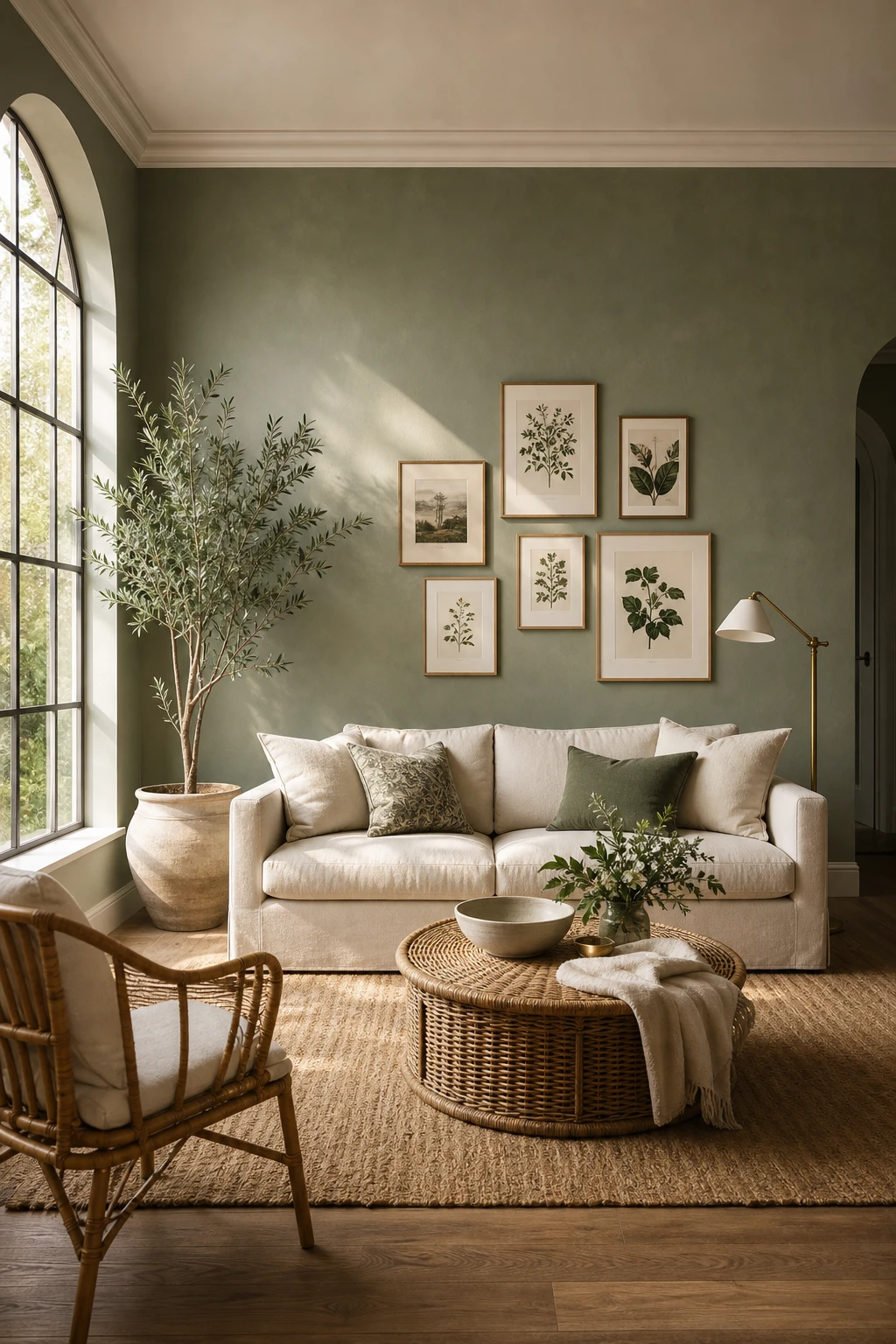 Sage green and white living room with a single Green Stone accent wall, linen sofa, rattan coffee table, and tall arched window in warm afternoon light