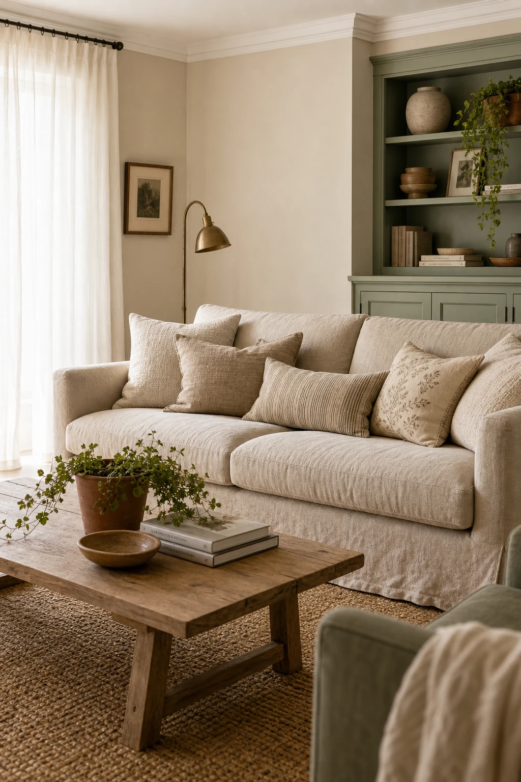 Sage green and white living room with beige layering, warm neutrals, linen sofa, jute rug, and Farrow and Ball Au Lait walls in soft natural light
