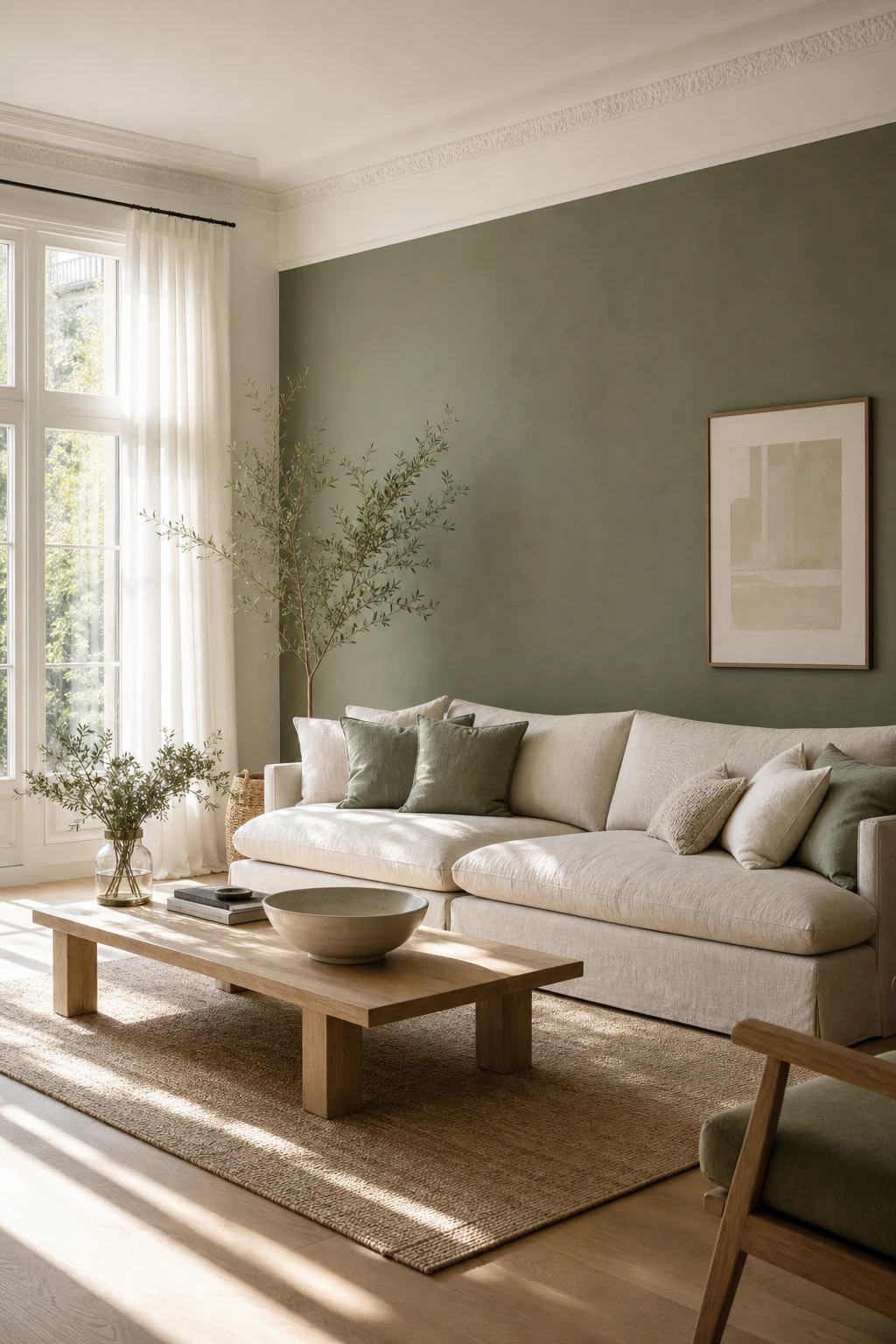Sage green and white living room with linen sofa, white painted walls, sheer curtains, and natural light flooding through tall windows