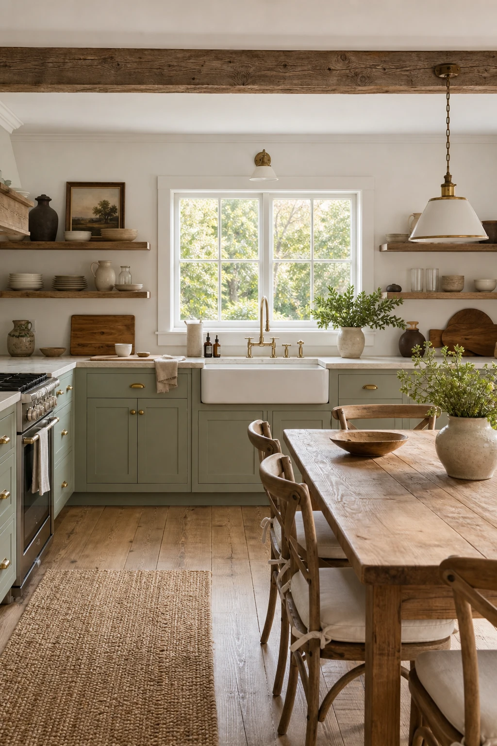 Sage green and white modern farmhouse interior with shiplap walls, open shelving, farmhouse sink, and warm natural light highlighting rustic yet clean design.
