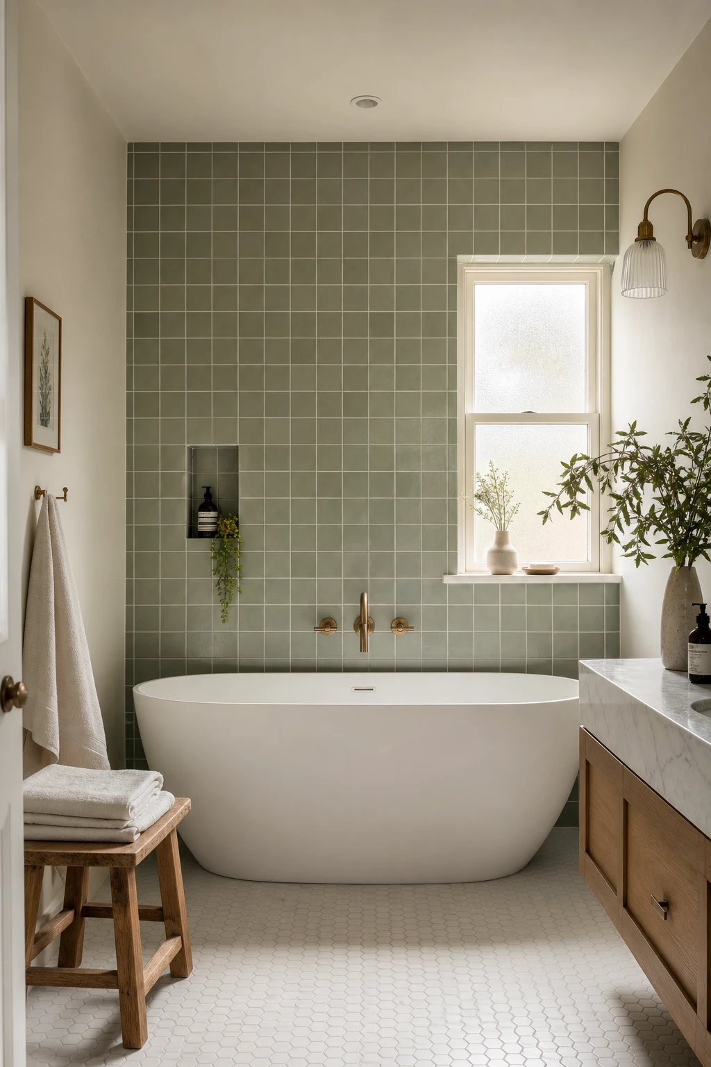 Sage green tiled bathroom with white grout, freestanding tub, warm white trim and walls in Farrow and Ball Pointing, soft morning light through frosted window