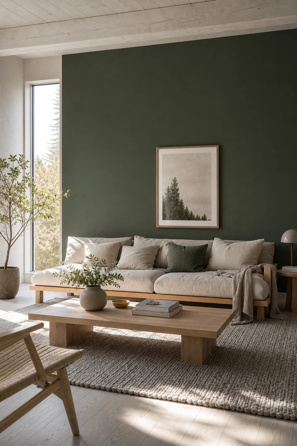 Scandinavian gray and green living room with dark green feature wall, pale birch furniture, white ceiling, linen sofa and natural light from tall windows