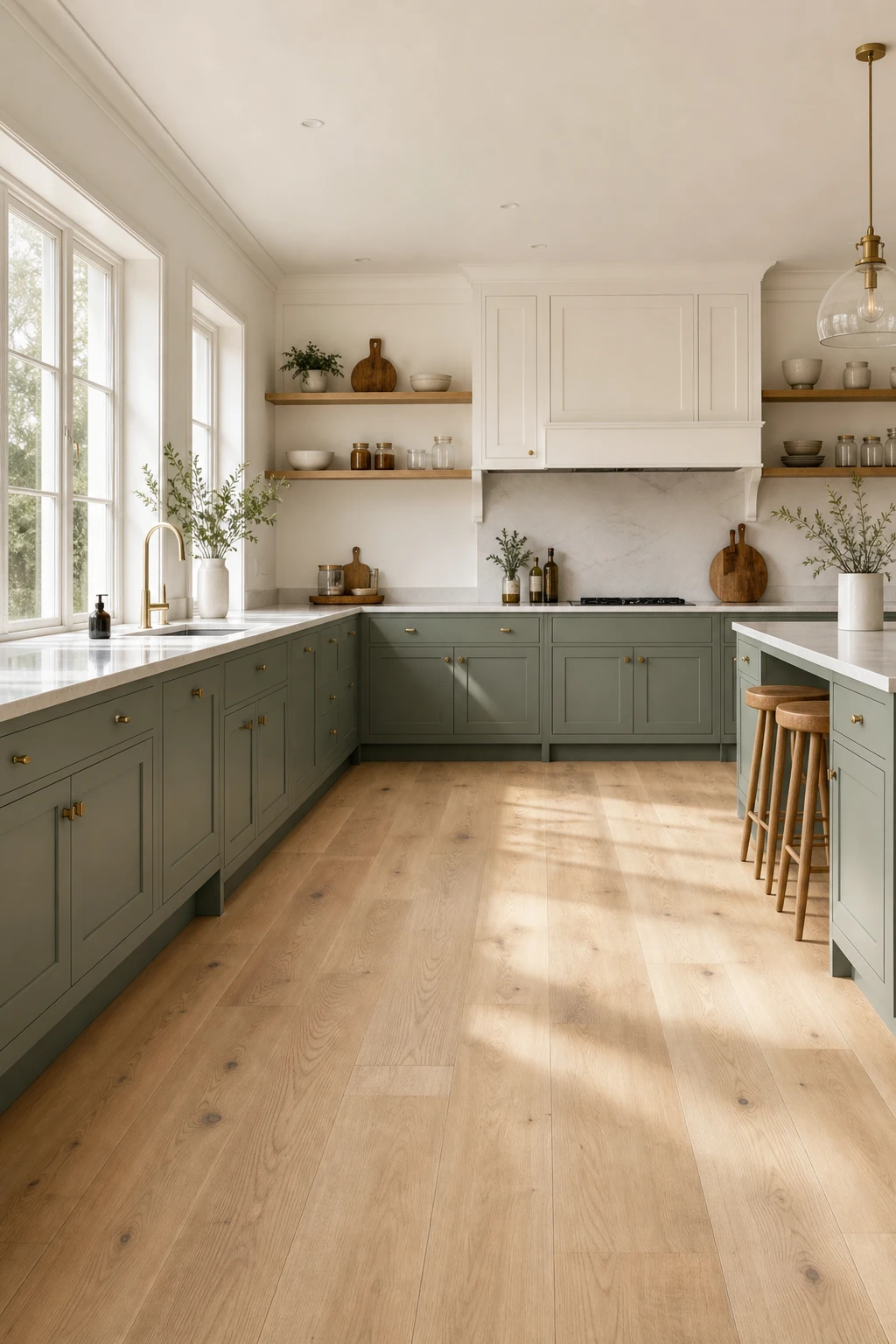 Scandinavian kitchen with sage green cabinets, pale wood floors, white countertops, open shelving, and warm natural light through tall windows