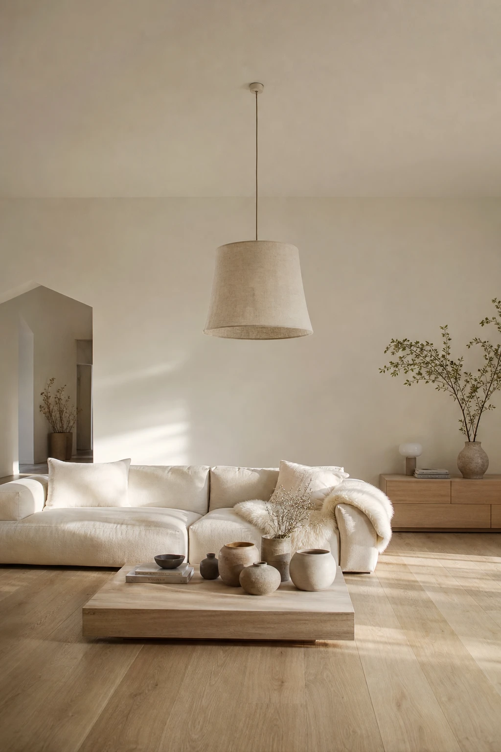 Scandinavian style white oak living room with pale warm walls, low slung sofa, natural textiles and abundant soft north light creating an airy open feel