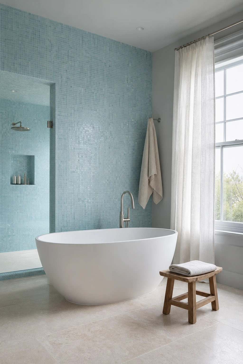 Serene blue mosaic tile bathroom with soft light blue tones, pale glazed tiles, freestanding tub, and Farrow & Ball Parma Gray walls in morning light