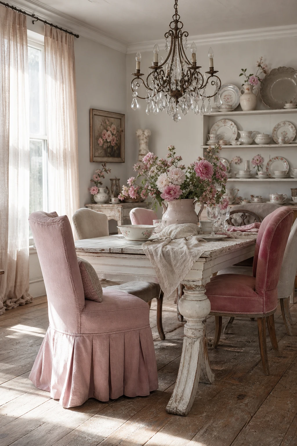 Shabby chic pink and white dining room with distressed furniture, vintage chandelier, and Farrow and Ball Blackened walls bathed in soft morning light